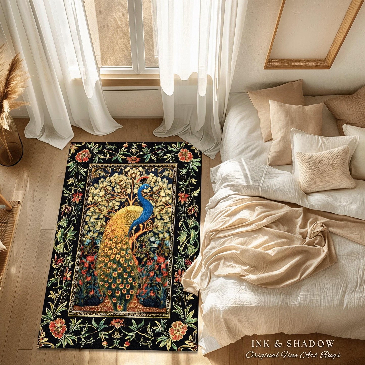 Baroque Floral Forestcore Ornate Round Peacock Rug | Medieval Gothic Woodland Morris Inspired Whimsical Witchy Cottagecore Ethereal Bird Art