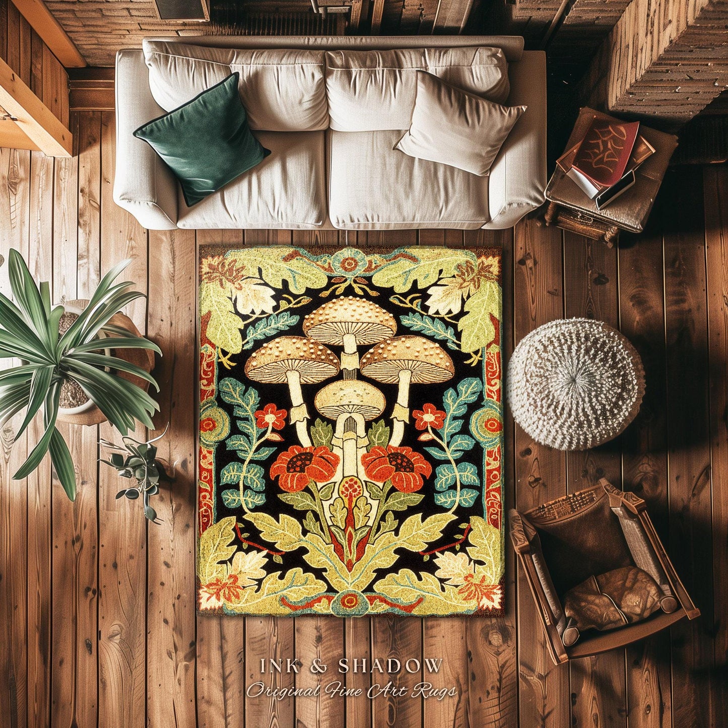 Midcentury Mushroom Rug | 70s Aesthetic Bedroom Boho Living Room Home Decor Mushroom Lover Gift Cottagecore Earth Tone Woodland Area Rug |