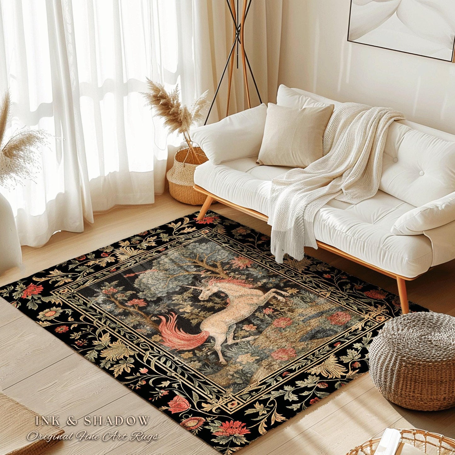 Folklore Unicorn Rug | Princesscore Room Decor William Morris Inspired Cottagecore Aesthetic Fairycore Bedroom Magical Unicorn Art Medieval