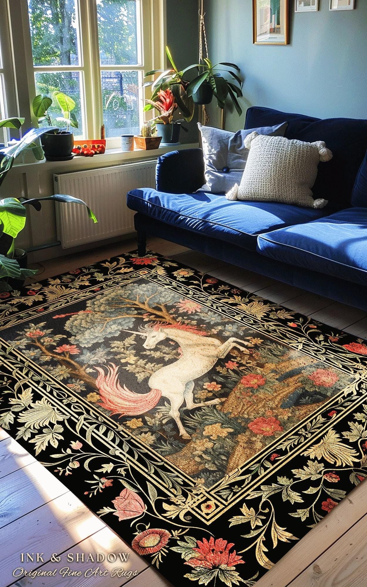 Folklore Unicorn Rug | Princesscore Room Decor William Morris Inspired Cottagecore Aesthetic Fairycore Bedroom Magical Unicorn Art Medieval