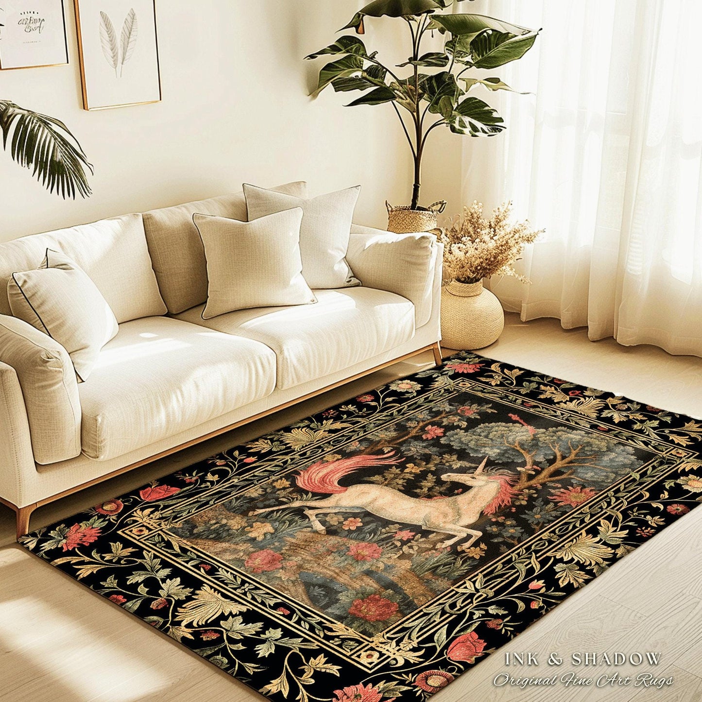 Folklore Unicorn Rug | Princesscore Room Decor William Morris Inspired Cottagecore Aesthetic Fairycore Bedroom Magical Unicorn Art Medieval