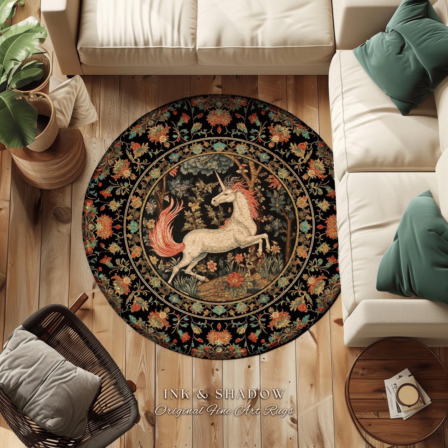 Folklore Unicorn Rug | Princesscore Room Decor William Morris Inspired Cottagecore Aesthetic Fairycore Bedroom Magical Unicorn Art Medieval