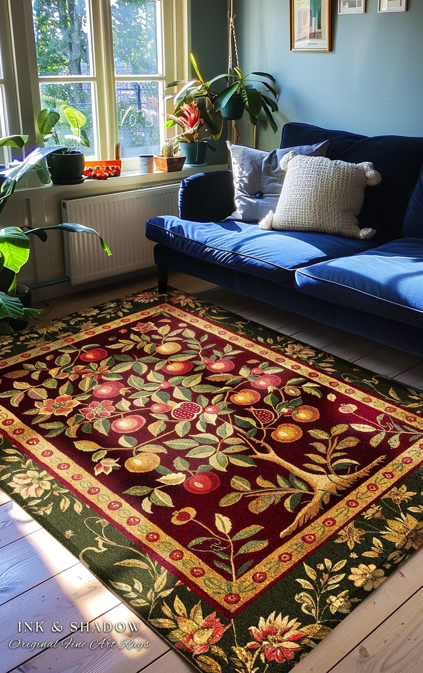 Pomegranate Tree Medieval Rug | Fruitful Aesthetic Living Room Moroccan Home Decor Rustic Housewarming Gift Cottagecore Nature Bedroom |