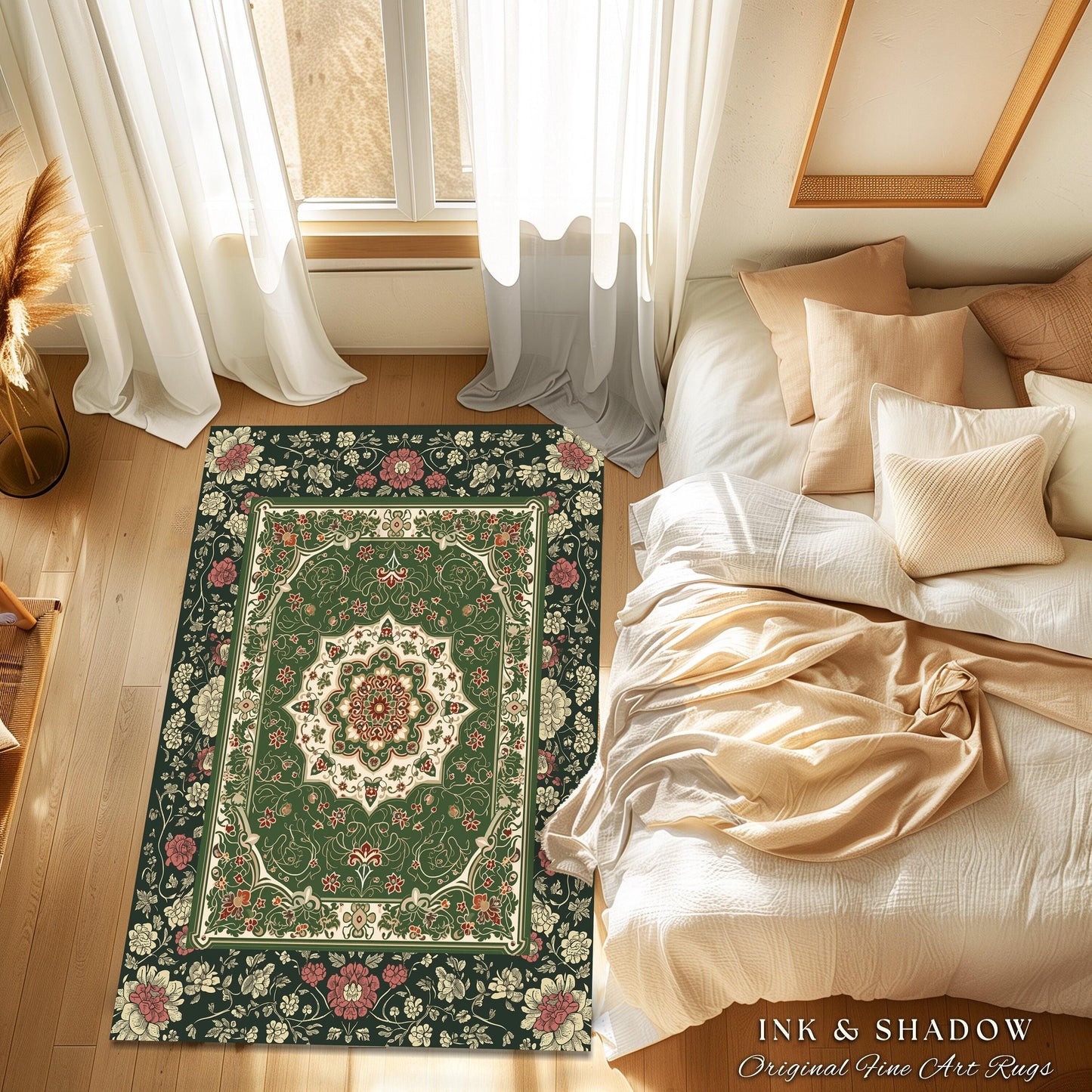 Jade Green Round Statement Rug | Classic Ornate Victorian Rug with Green Detail Peachy Accent Bohemian Aesthetic for Cozy Reading Nook Boho