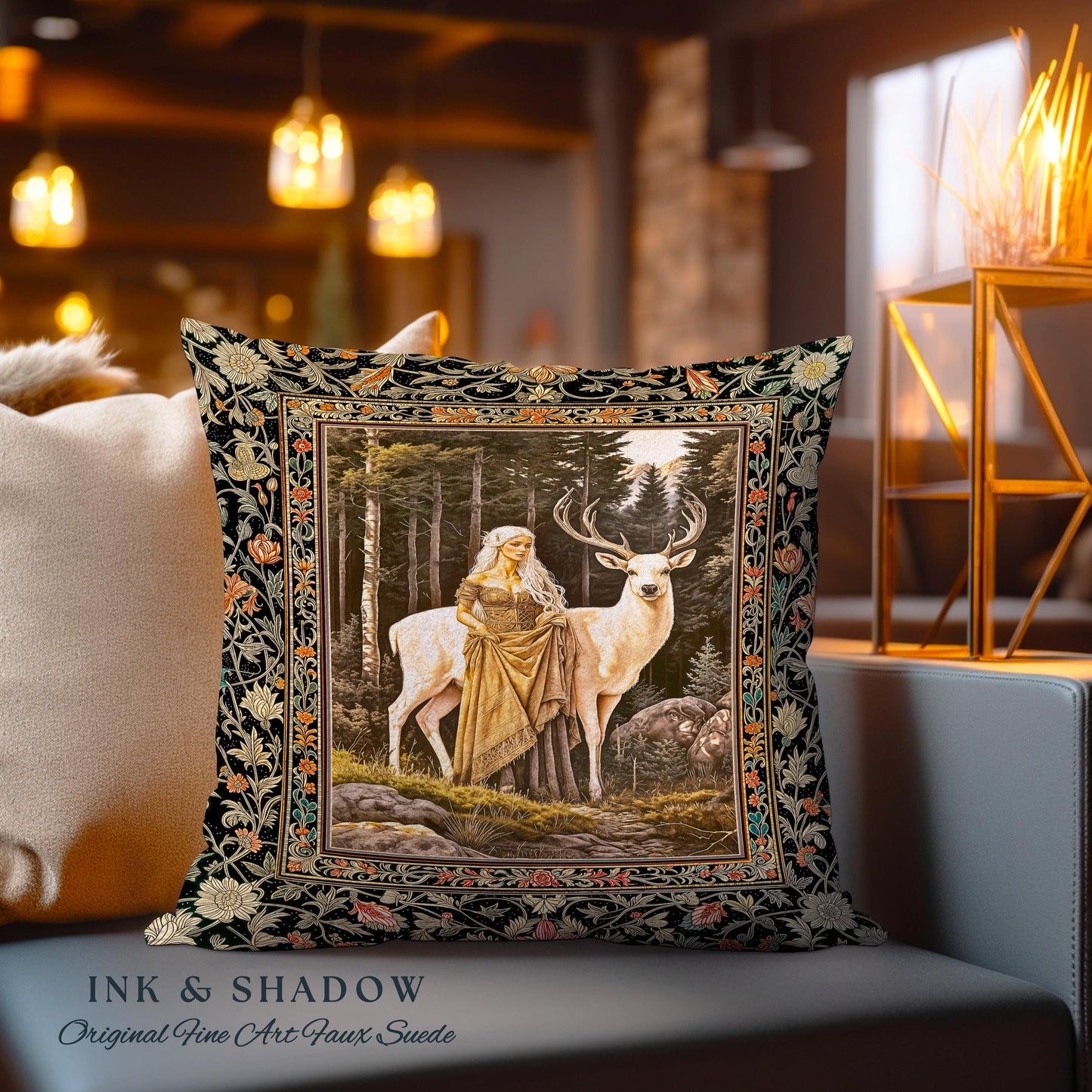 Enchanting Forest Spirit Pillow | Magical Meadow Fairycore Woven Tapestry Pillow Ethereal Woodland Princess Renaissance Aesthetic Gothic |