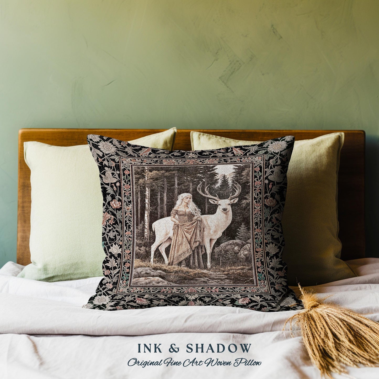 Enchanting Forest Spirit Pillow | Magical Meadow Fairycore Woven Tapestry Pillow Ethereal Woodland Princess Renaissance Aesthetic Gothic |