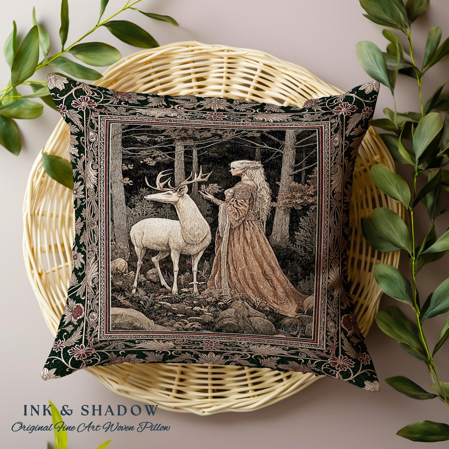 Elven Princess Mystic Woodland Pillow | Forest Nymph Renaissance Aesthetic Fairycore Tapestry Cushion Magic Gothic Woods Ethereal Victorian
