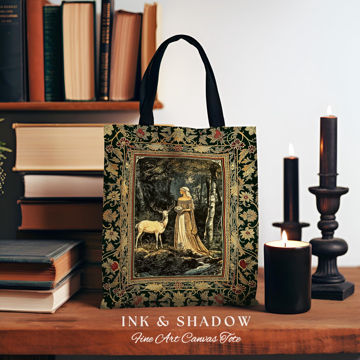 Nature Spirits Ethereal Woven Tote | Royal Medieval Folklore inspired Woodland Landscape Fantasy Tapestry Tote Everyday Bag Dark Forest Deer