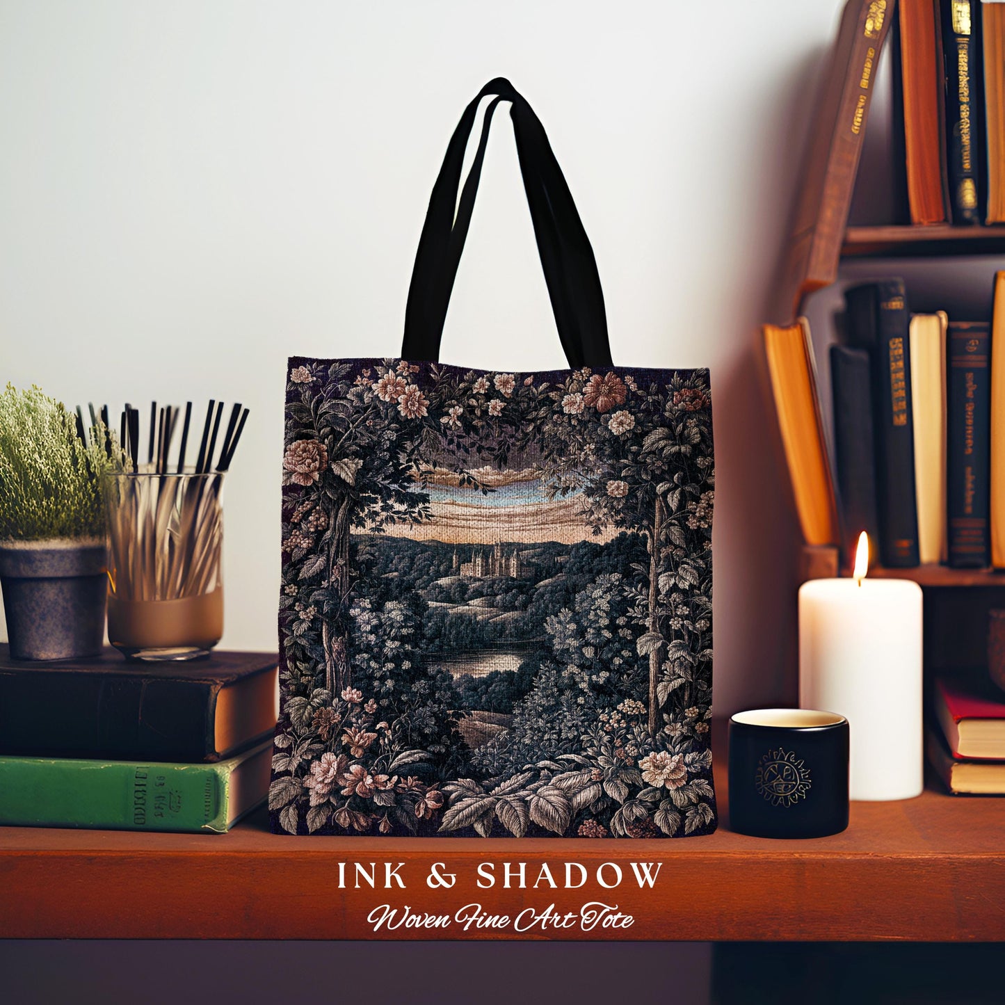 Pastel Fairy Aesthetic Tapestry Bag | Ethereal Woodland Royalcore Rosy Woven Tote Bedroom Botanical Landscape Medieval Princess Rustic Style
