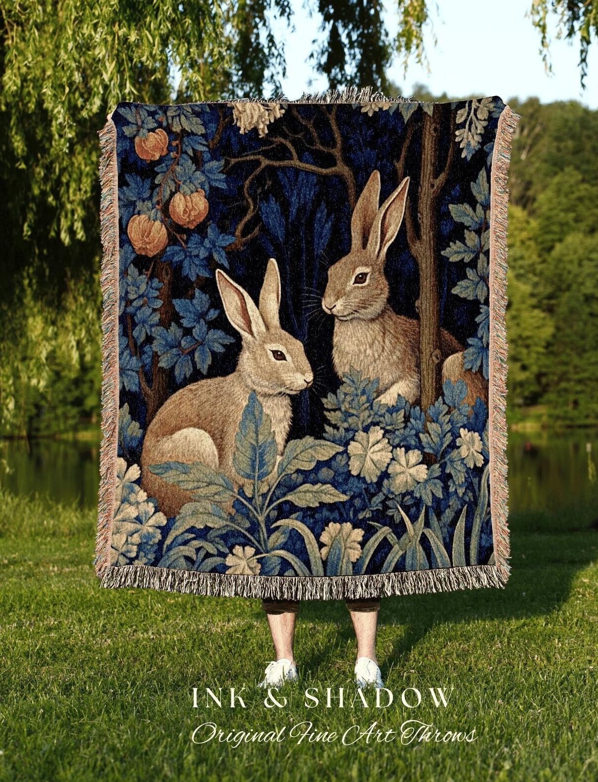 Floral Woven Rabbit Blanket | Botanical Folk Art Blanket Woven Tapestry William Morris Throw Woodland Goth Decor Cottagecore Aesthetic Decor