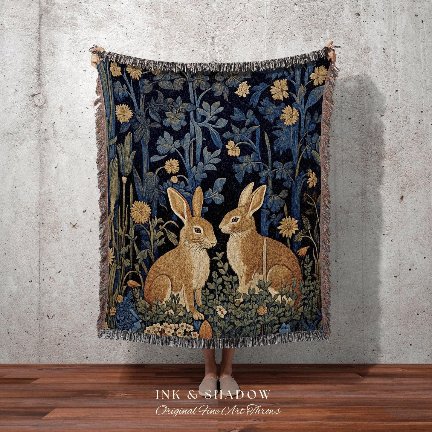 Hygge Tapestry Vintage Folk Art | Woven Tapestry Blanket William Morris Throw Woodland Decor Botanical Rabbit Aesthetic Woodland Fairycore |