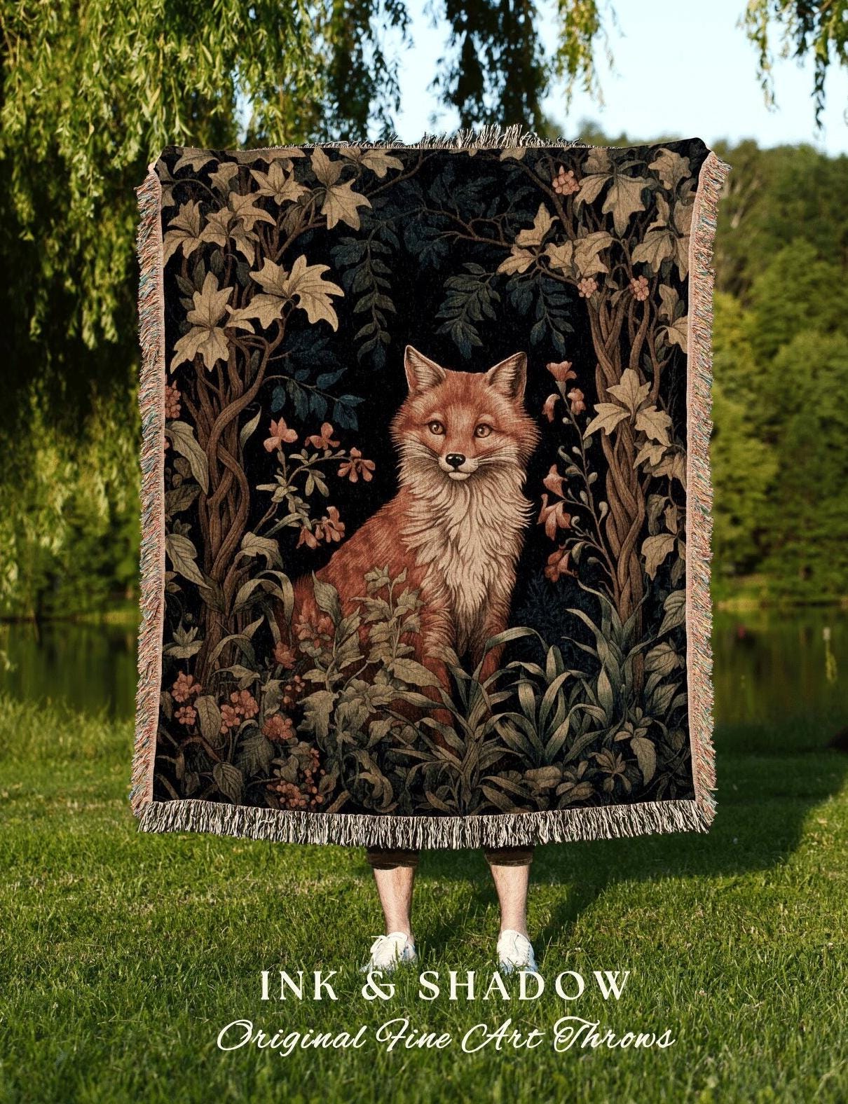 Morris Fox Botanical Tapestry | Woodland Folk Art Blanket Woven Tapestry William Morris Style Woodland Goth Decor Dark Cottagecore Aesthetic