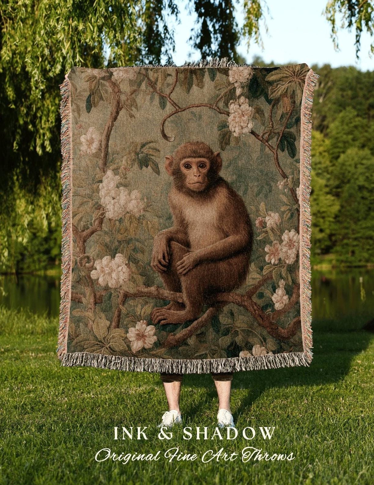 Pastel Folklore Woven Fringe Blanket | Witchy Tapestry Witchy Decor Cottagecore Gift Crowcore Aesthetic Room Decor Magical Monkey Tapestry |