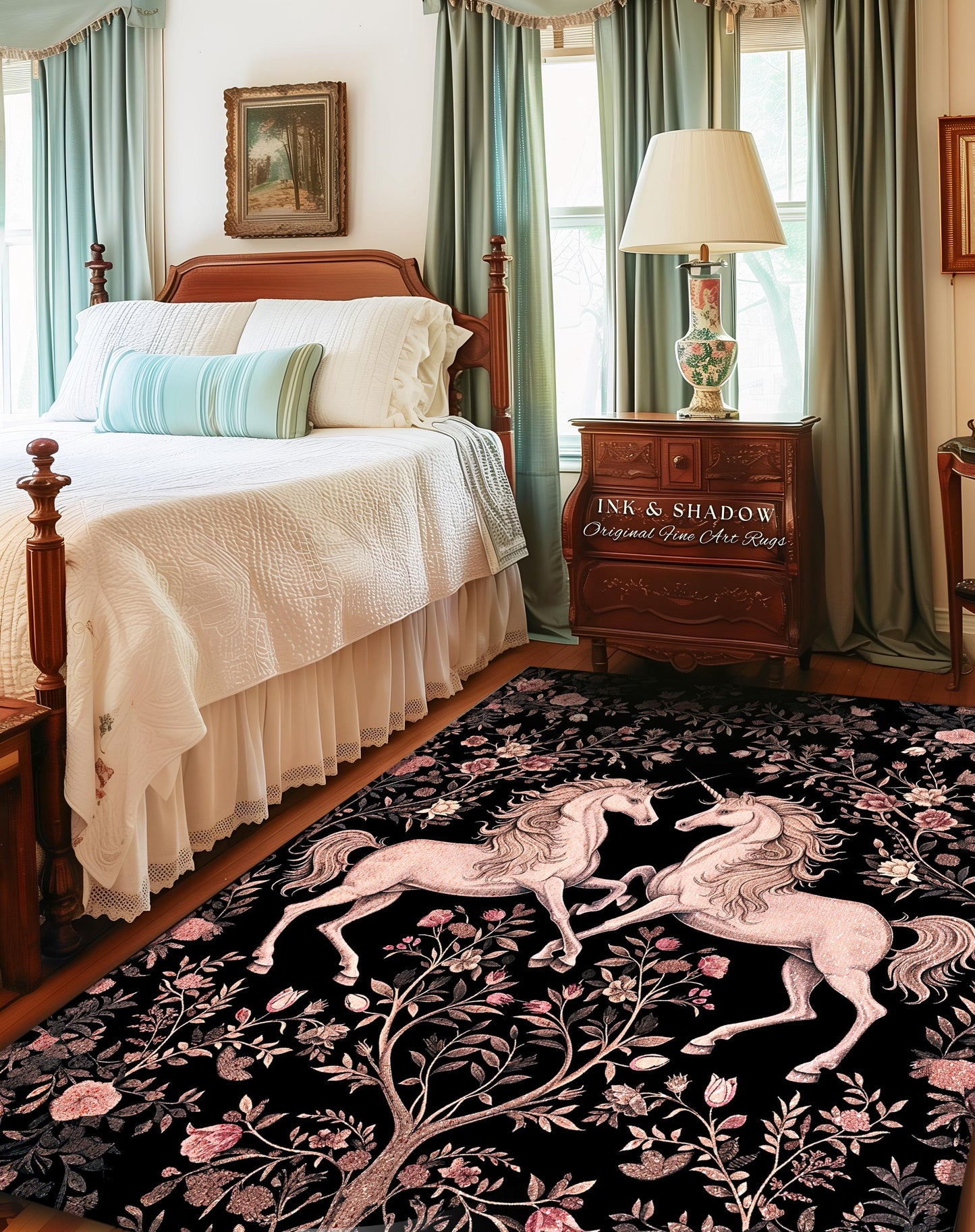 Rosy Pastel Victorian Unicorn Runner Rug | Floral Romantic Cottagecore Coquette Aesthetic Whimsical Area Rug Fairycore Runner for Hallway |