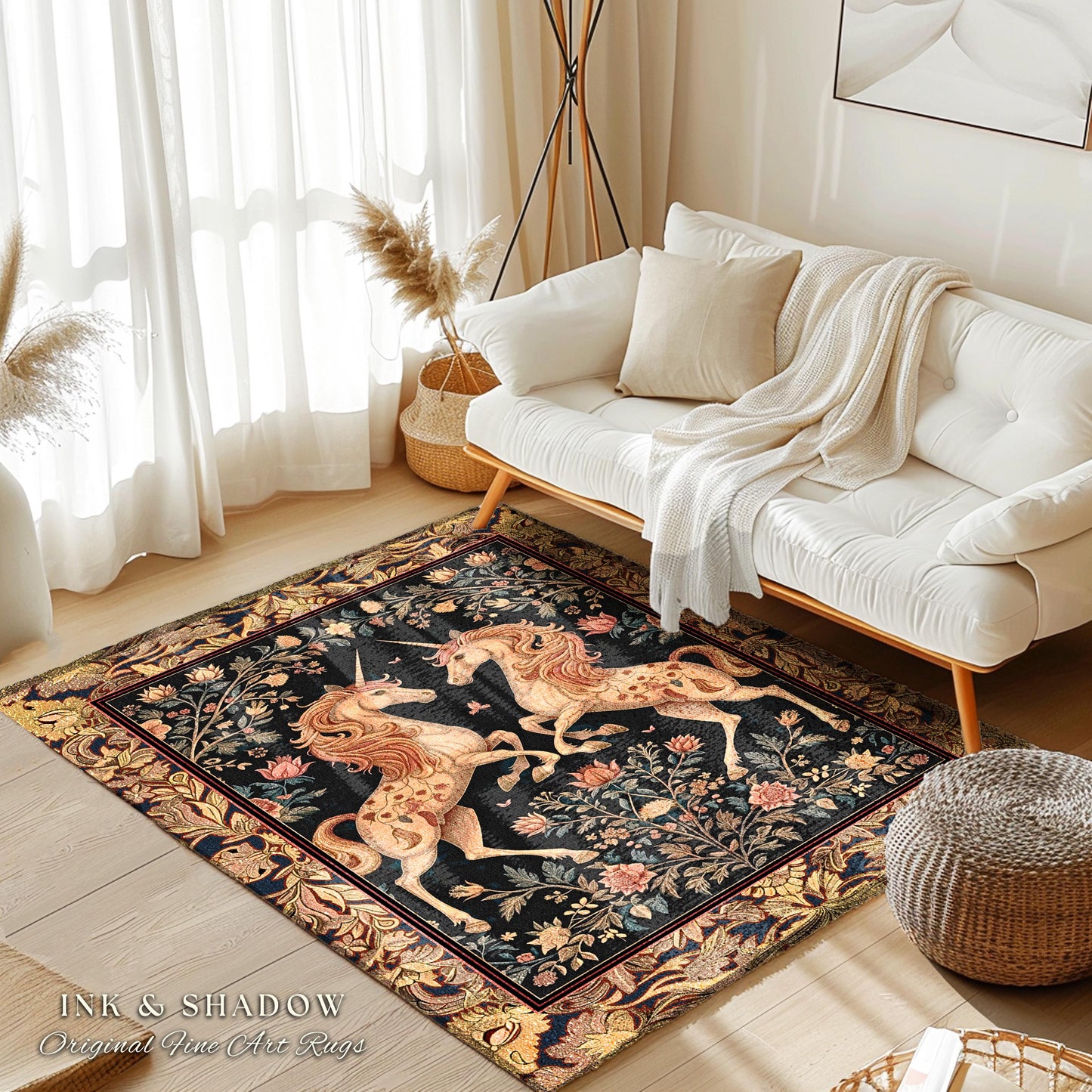 Fairytale Unicorn Floral Aesthetic Runner Rug | Pastel Cottagecore Area Rug Fairycore Runner for Hallway Whimsical Boho Home Decor Medieval