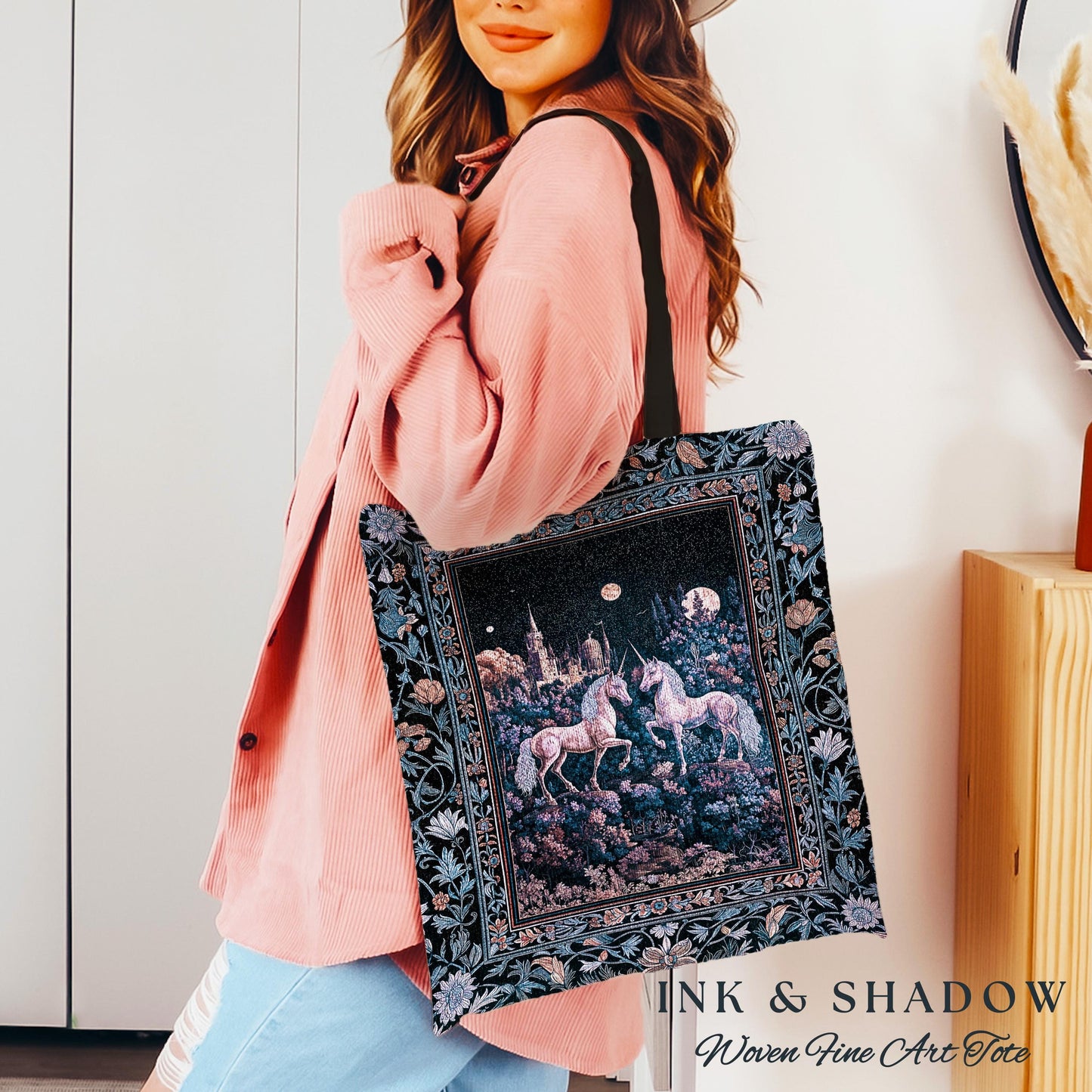 Moody Moonlit Unicorn Woven Tote | Elegant Medieval Florals Lavender Purple Whimsical Folklore Woven Tapestry Bag Fairytale Witchy Style |