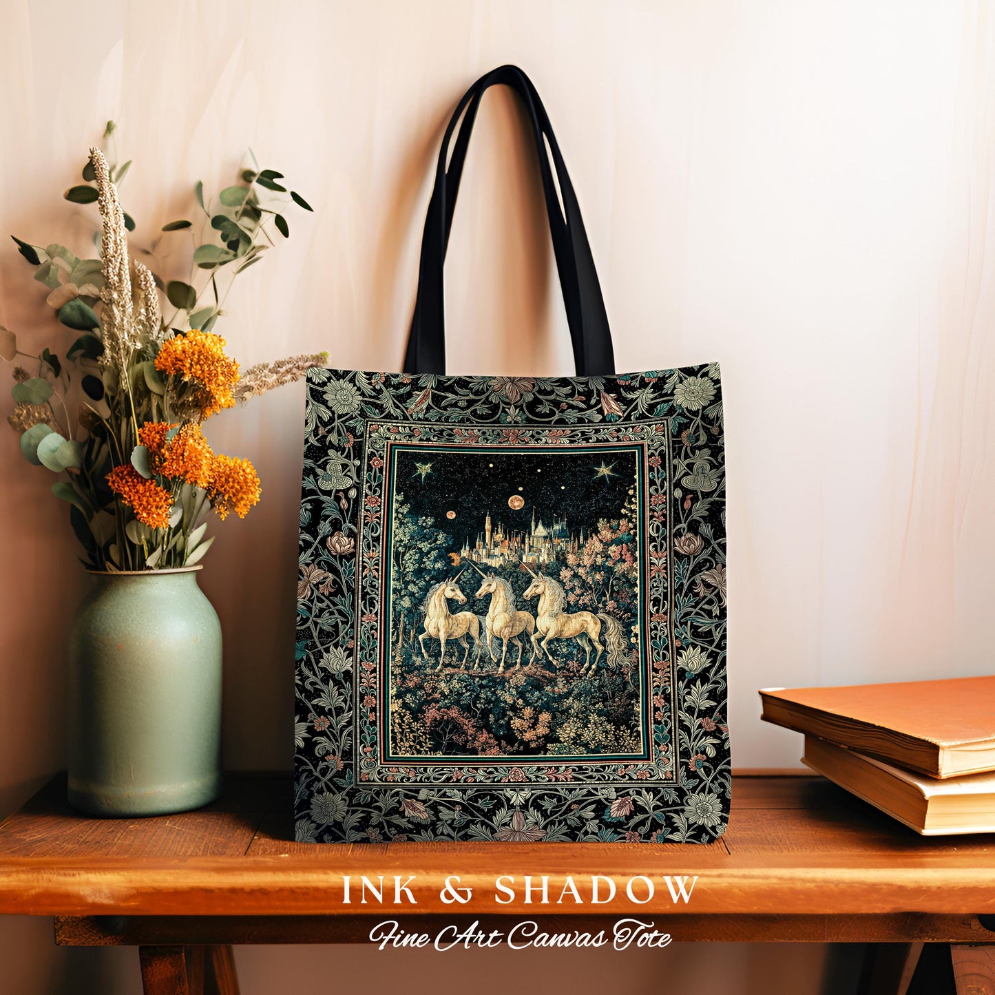 Mystic Academia Unicorn Tapestry Tote | Dark Victorian Gothic Floral Landscape Magical Elegance Woven Everyday Bag Storybook Fairytale Art |