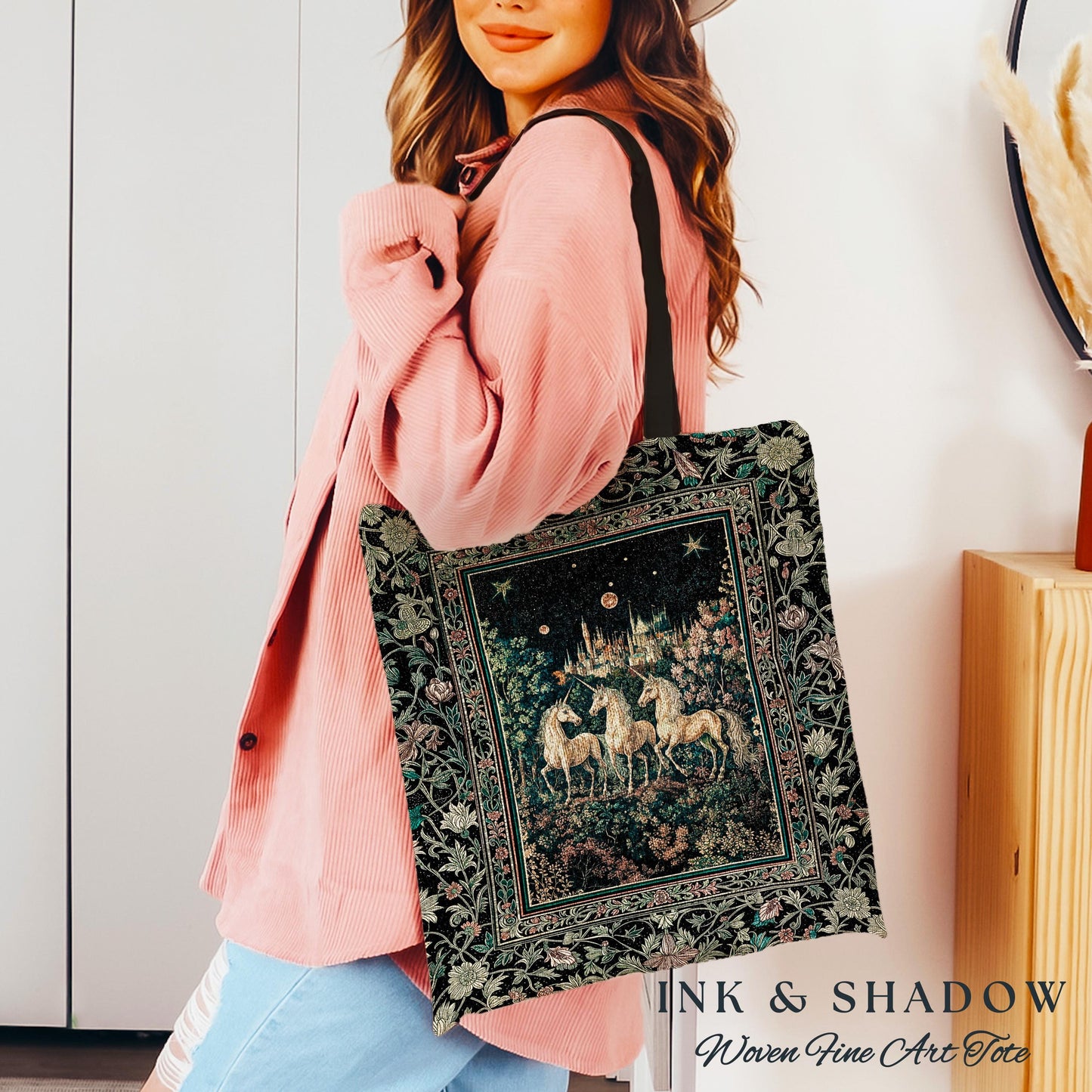 Mystic Academia Unicorn Tapestry Tote | Dark Victorian Gothic Floral Landscape Magical Elegance Woven Everyday Bag Storybook Fairytale Art |