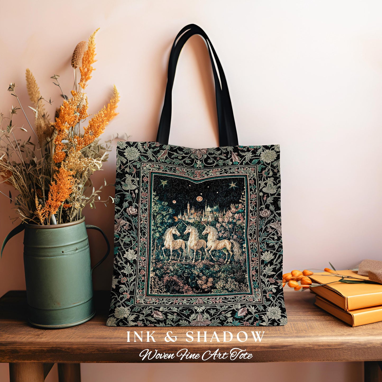 Mystic Academia Unicorn Tapestry Tote | Dark Victorian Gothic Floral Landscape Magical Elegance Woven Everyday Bag Storybook Fairytale Art |