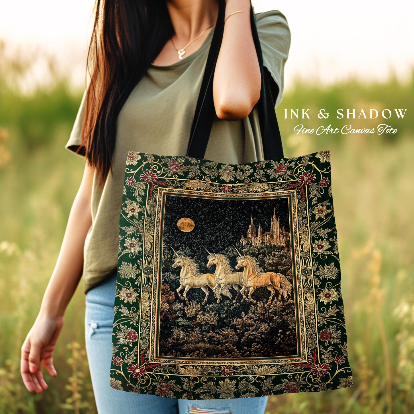 Fairytale Theme Moonlit Ethereal Tote | Unicorn Royalcore Woven Tote Castle Aesthetic Dreamy Tapestry Bag Baroque Gothic Storybook Art |