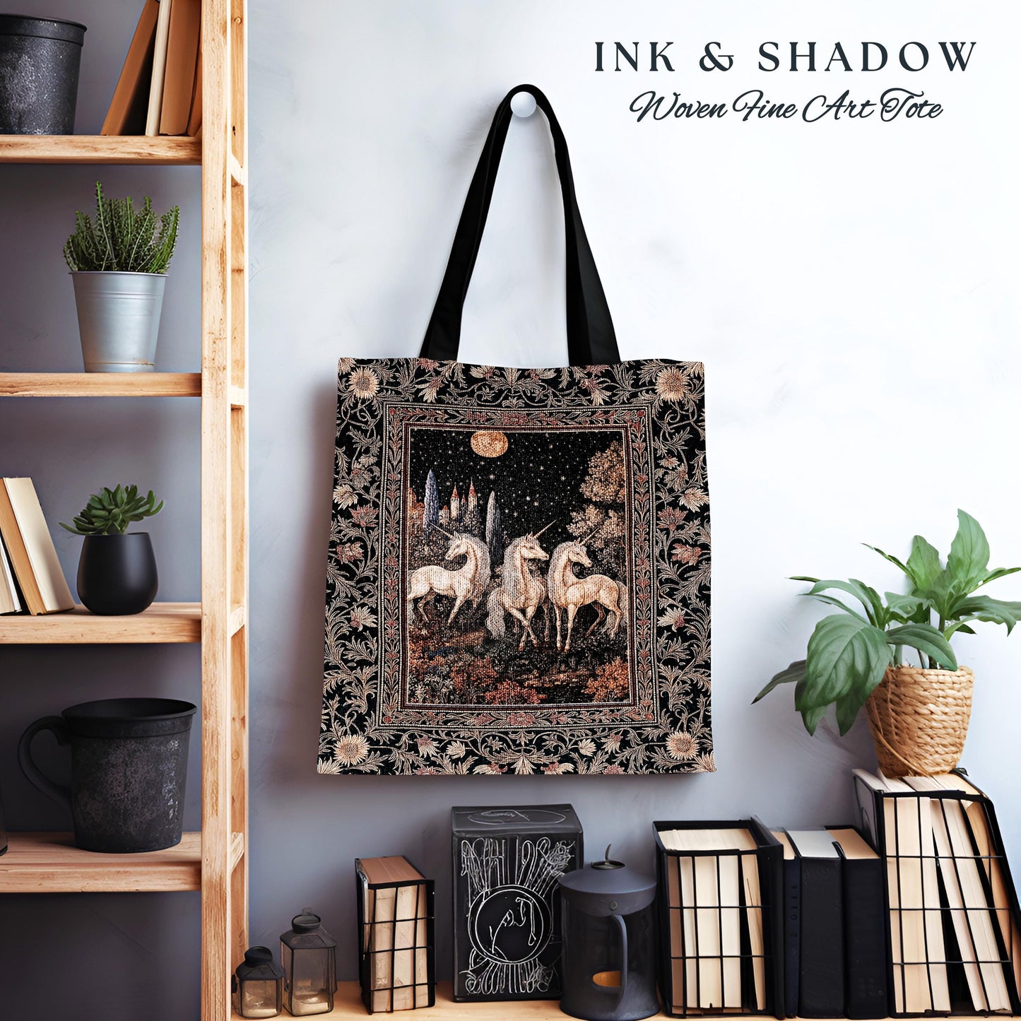Medieval Ethereal Unicorn Tapestry Bag | Goblincore Aesthetic Woven Tote Ornate Vintage Gothic Baroque Florals Magical Wonders Fairytale