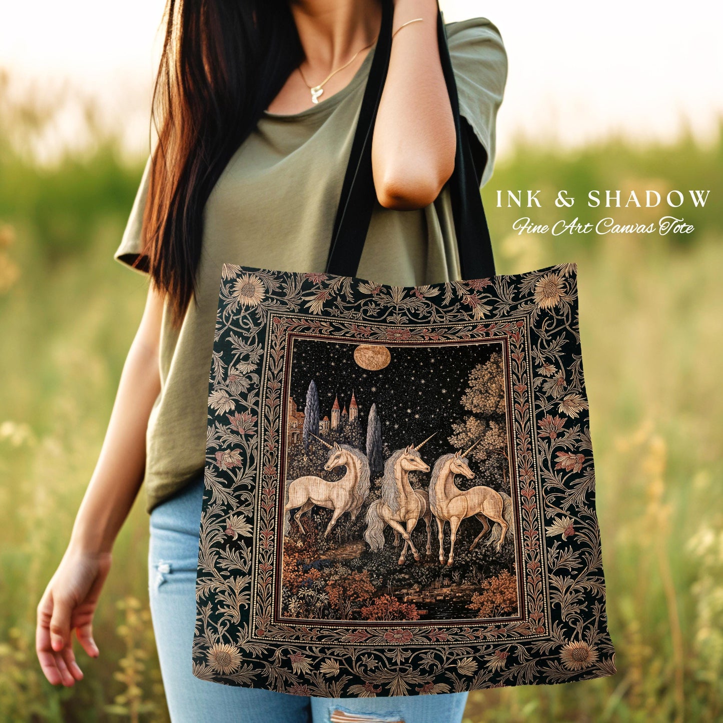 Medieval Ethereal Unicorn Tapestry Bag | Goblincore Aesthetic Woven Tote Ornate Vintage Gothic Baroque Florals Magical Wonders Fairytale