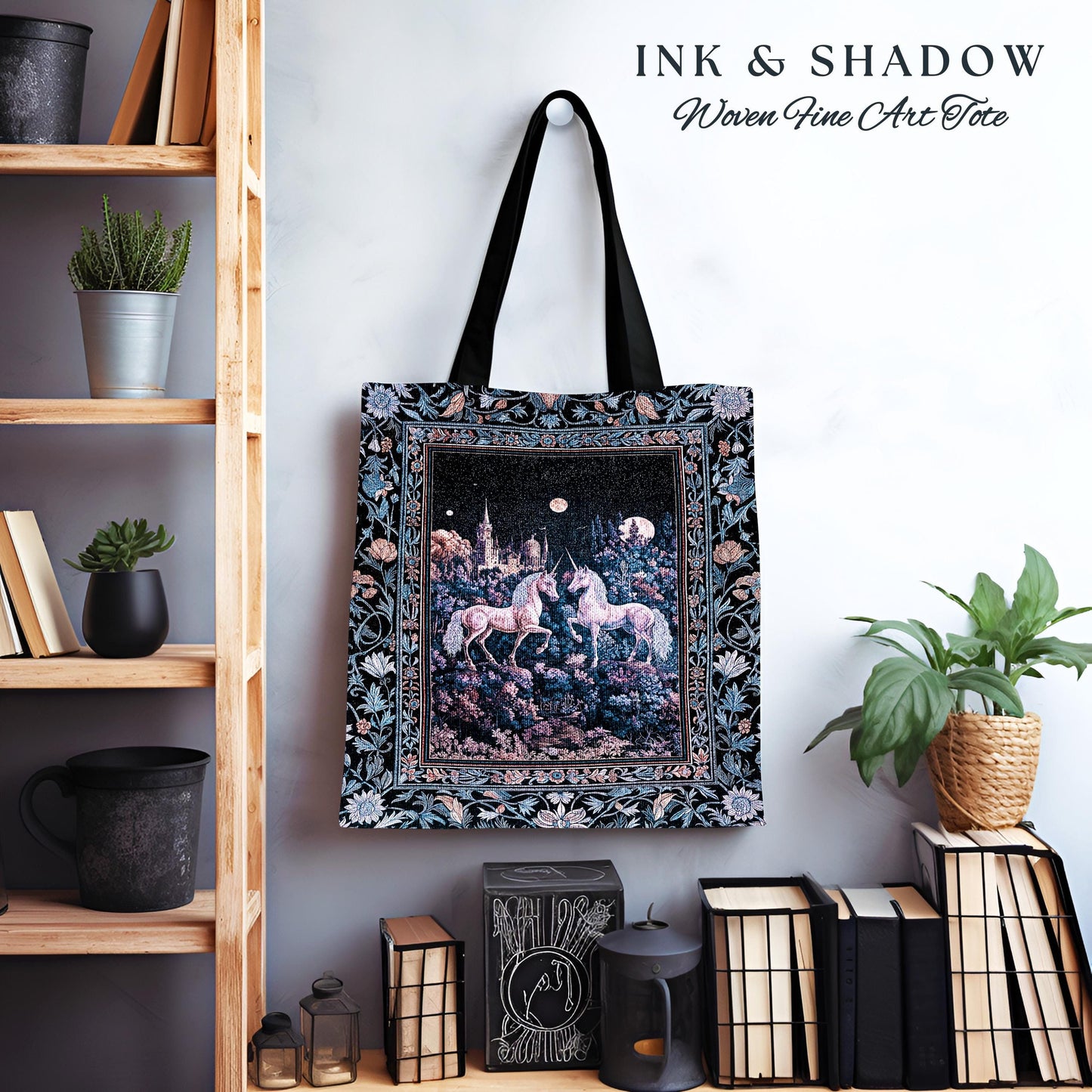 Moody Moonlit Unicorn Woven Tote | Elegant Medieval Florals Lavender Purple Whimsical Folklore Woven Tapestry Bag Fairytale Witchy Style |
