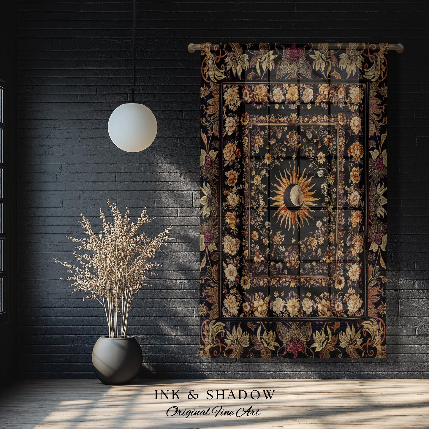 Cosmic Elegance Celestial Curtains | Dark Cottagecore Moon & Sun Ethereal Divine Aesthetic Witchy Bohemian Eclectic Spiritual Bedroom Drapes