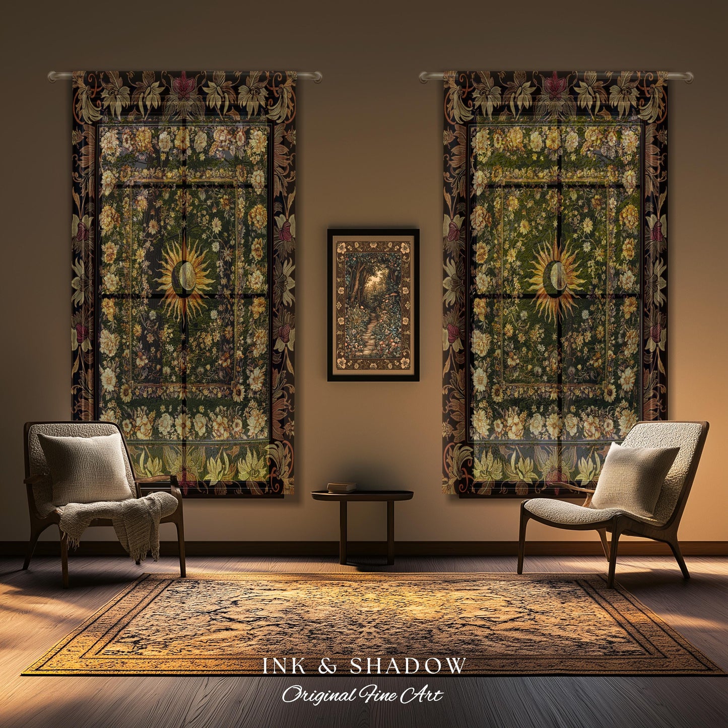Cosmic Elegance Celestial Curtains | Dark Cottagecore Moon & Sun Ethereal Divine Aesthetic Witchy Bohemian Eclectic Spiritual Bedroom Drapes