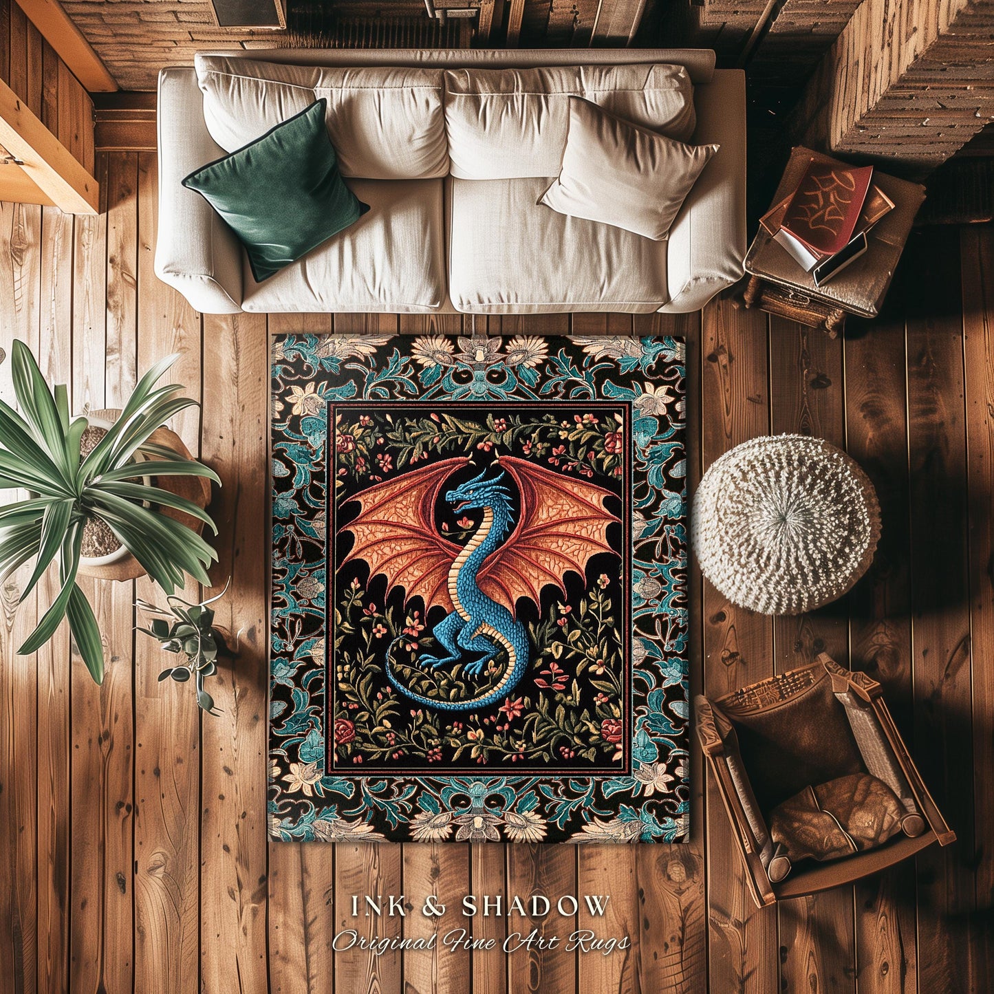 Medieval Florals Mystic Dragon Rug | Magical Beasts Middle Ages Storybook Theme Mythical Woodland Whimsy Fairycore Bedroom Baroque Fantasy