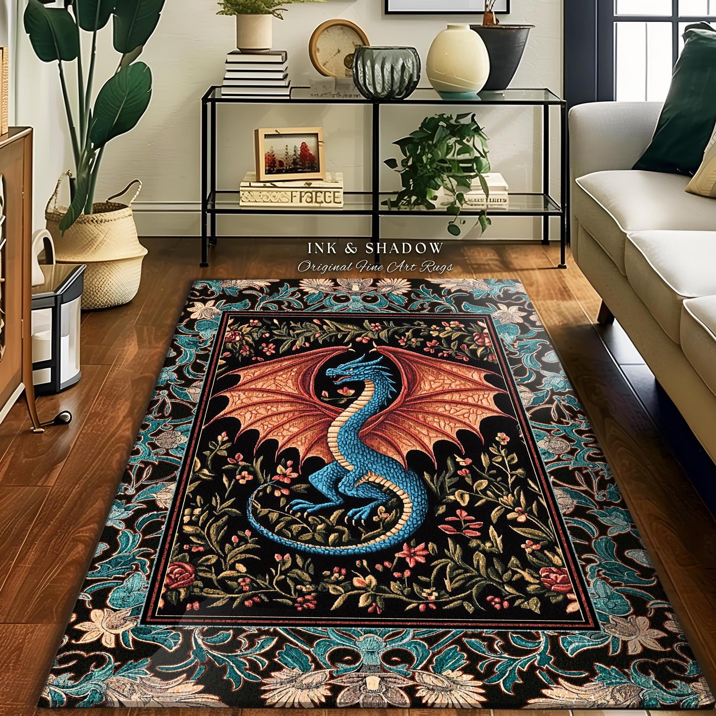 Medieval Florals Mystic Dragon Rug | Magical Beasts Middle Ages Storybook Theme Mythical Woodland Whimsy Fairycore Bedroom Baroque Fantasy