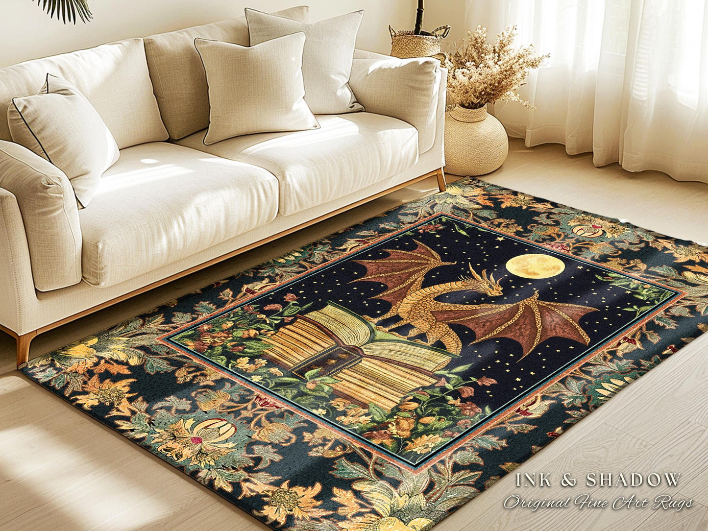 Book Nook Dragon Accent Rug | Dark Academia Magical Aesthetic Dark Rug for Book Lover Whimsigothic Bedroom Medieval Cottagecore Storybook |