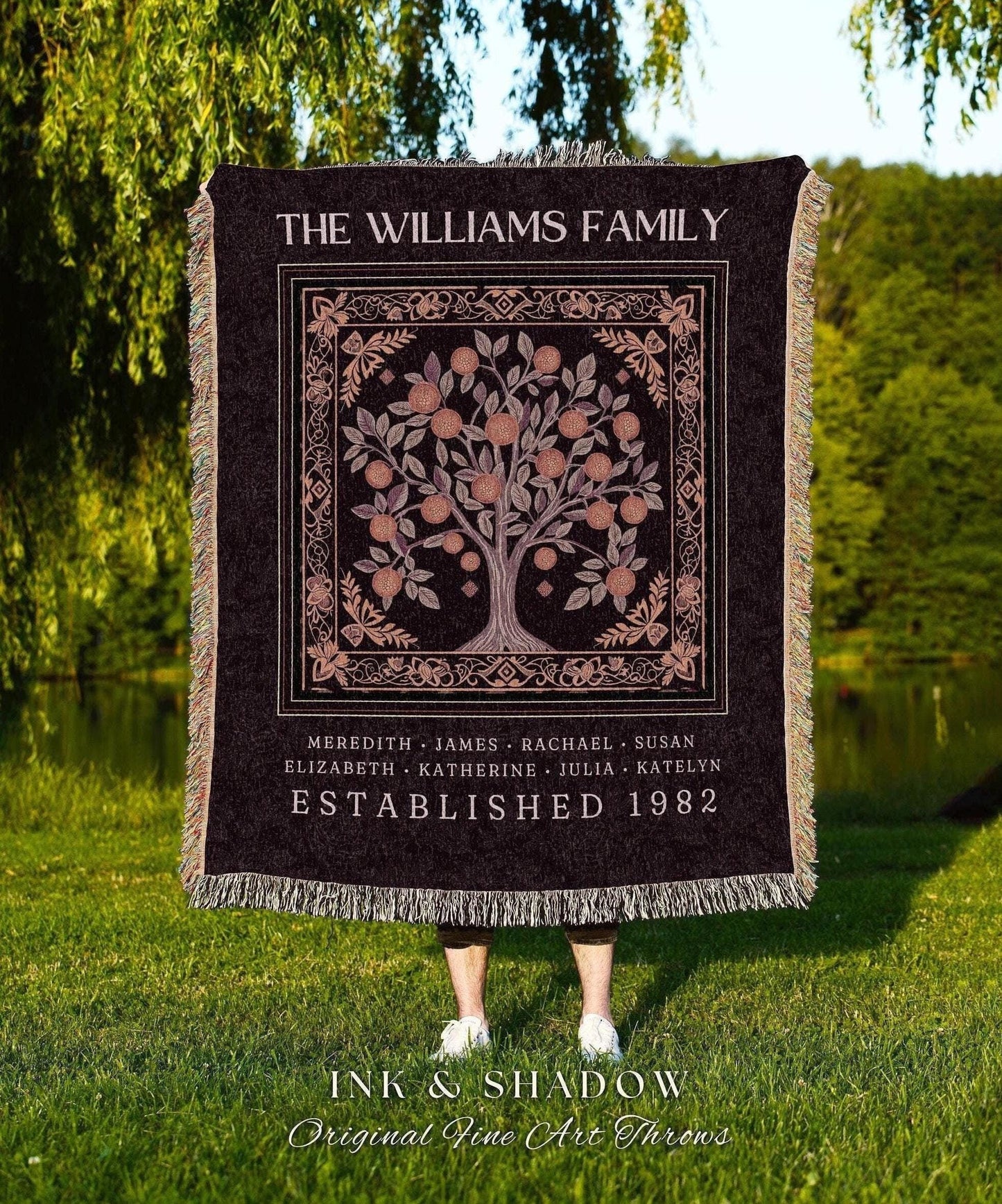 Rustic Family Heirloom Woven Blanket | Dark Academia Tapestry Sentimental Keepsake Meaningful Personalized Appreciation Gift Big Family Tree