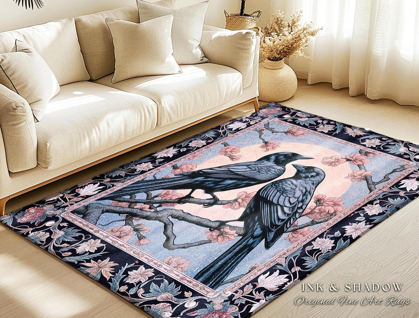 Moonlit Raven Rug Light Gothic Woodland Ethereal Forest Floral Cottagecore | Enchanted Nature Full Moon Whimsigothic Fairy Grunge Crowcore