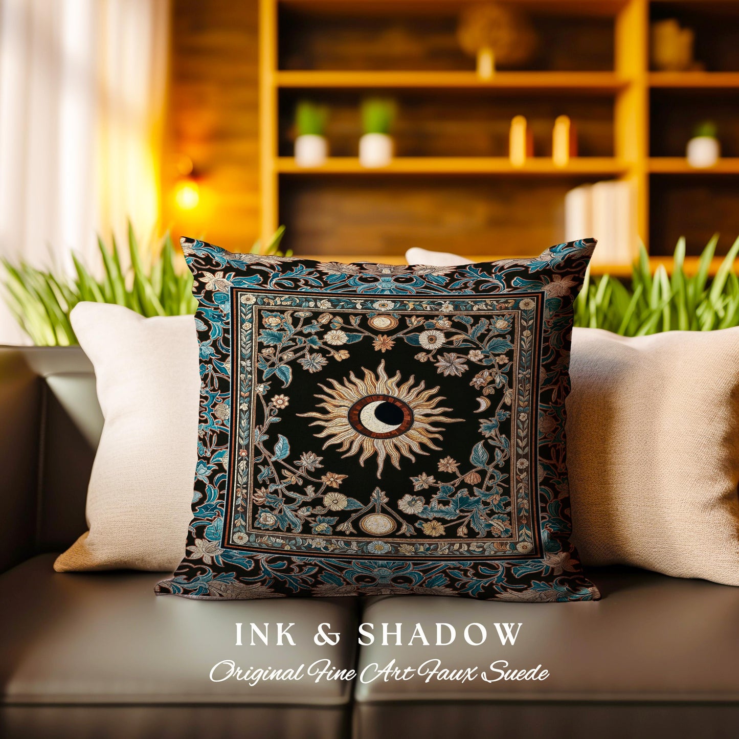 Mystic Moon Dark Academia Pillow | Celestial Tarot Inspired Gothic Maximalist Bedroom Woven Tapestry Cushion Whimsical Astrology Ethereal |