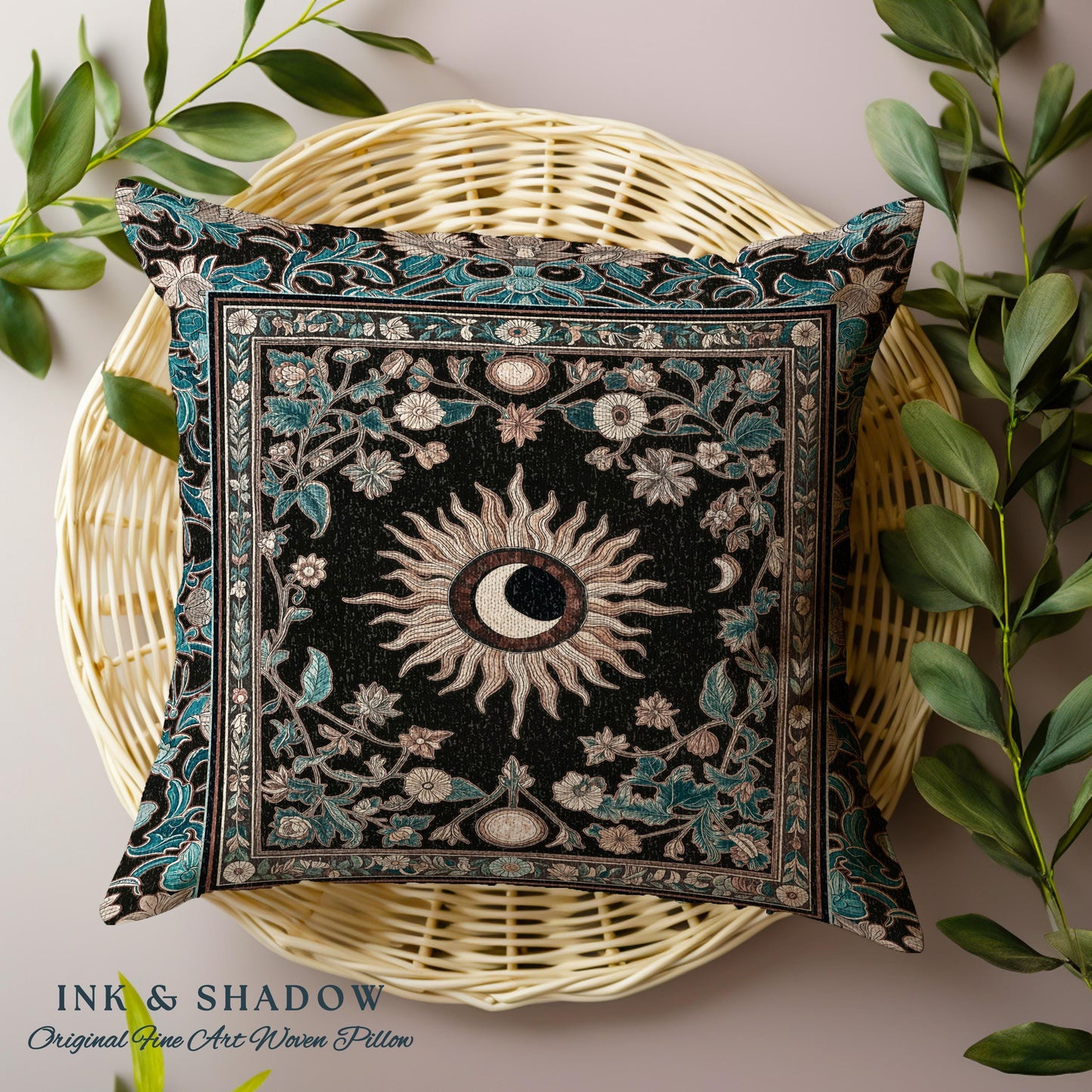 Mystic Moon Dark Academia Pillow | Celestial Tarot Inspired Gothic Maximalist Bedroom Woven Tapestry Cushion Whimsical Astrology Ethereal |