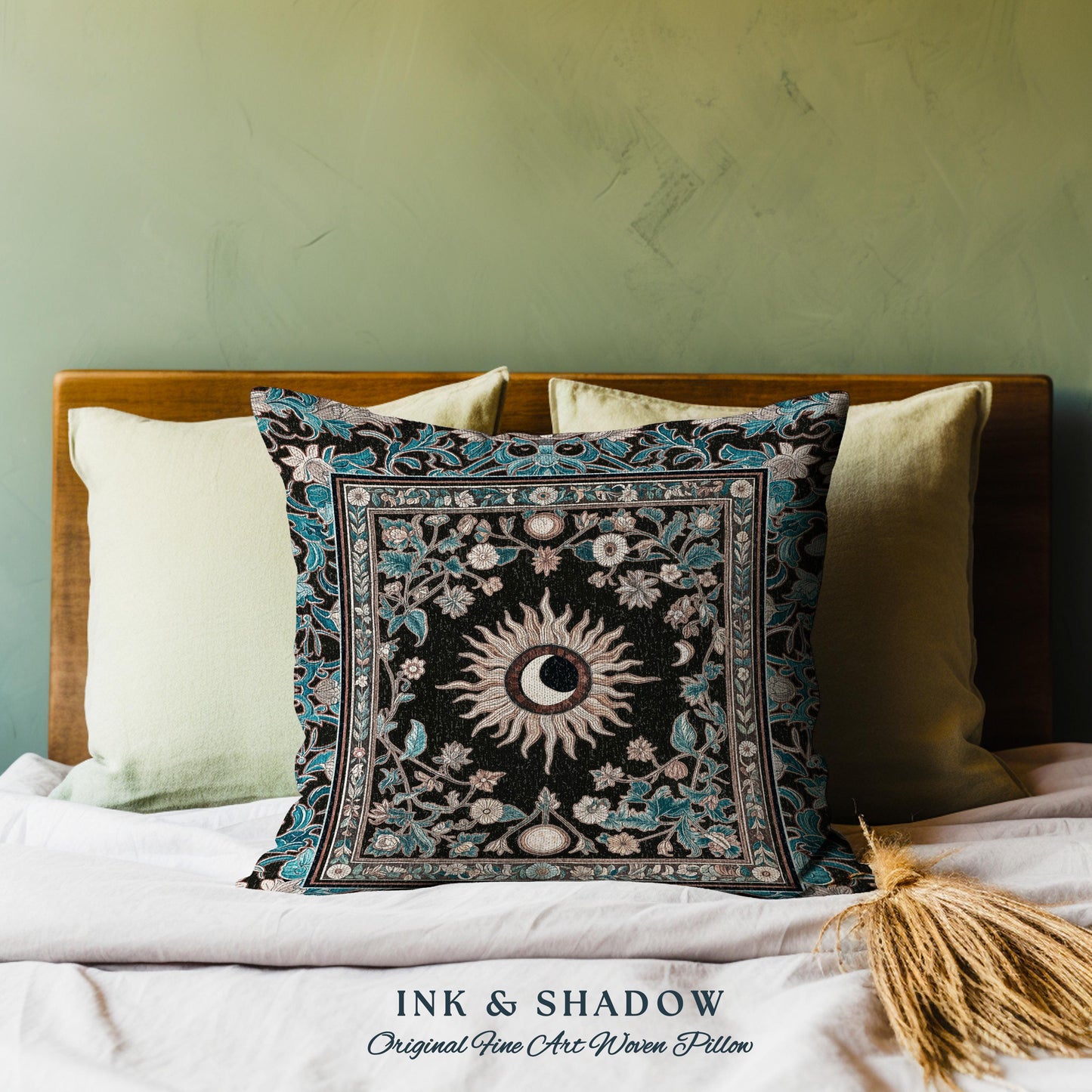 Mystic Moon Dark Academia Pillow | Celestial Tarot Inspired Gothic Maximalist Bedroom Woven Tapestry Cushion Whimsical Astrology Ethereal |