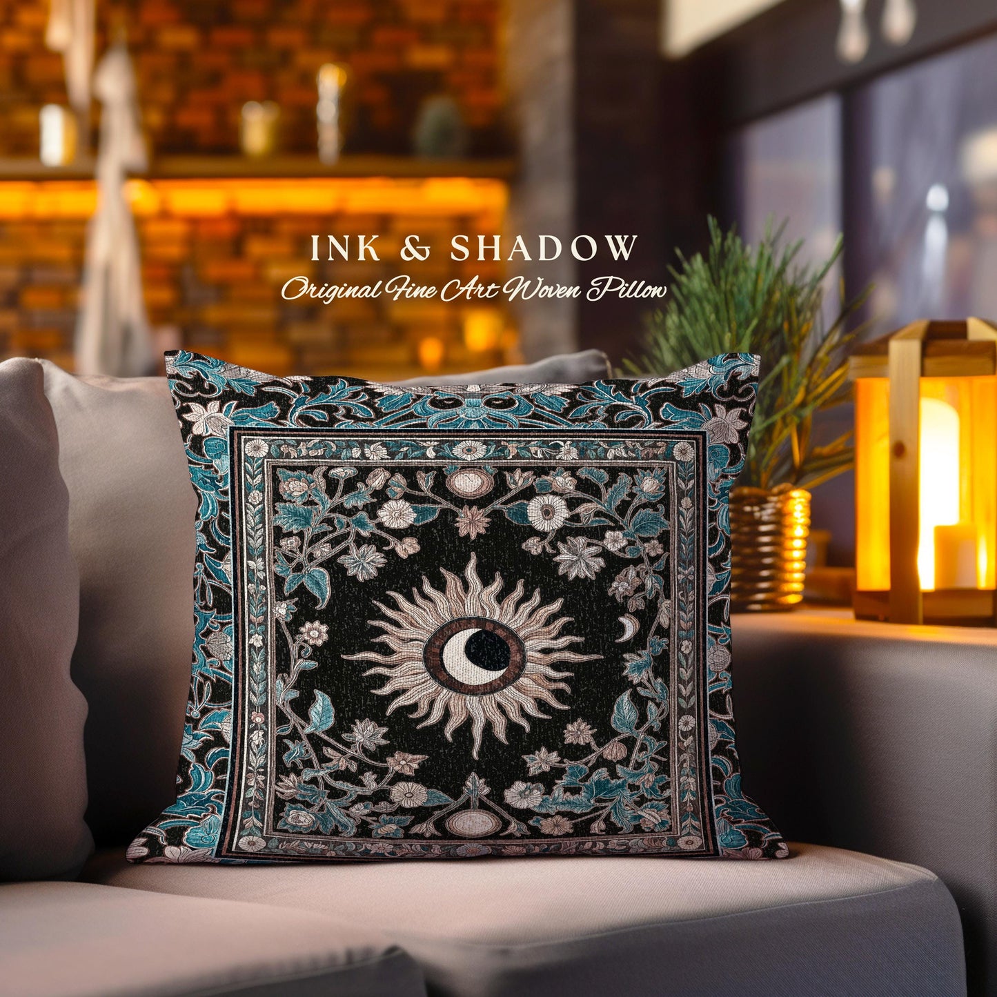 Mystic Moon Dark Academia Pillow | Celestial Tarot Inspired Gothic Maximalist Bedroom Woven Tapestry Cushion Whimsical Astrology Ethereal |