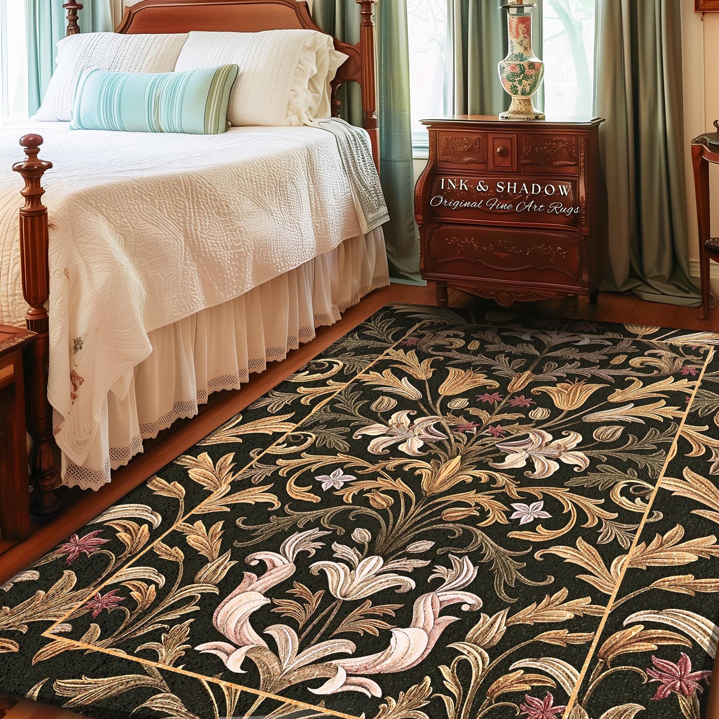 Antique Gold Baroque Floral Rug Victorian Gothic Decor | Whimsigothic Romantic Aesthetic Elegant Botanical Pattern Dark Academia Runner Rug
