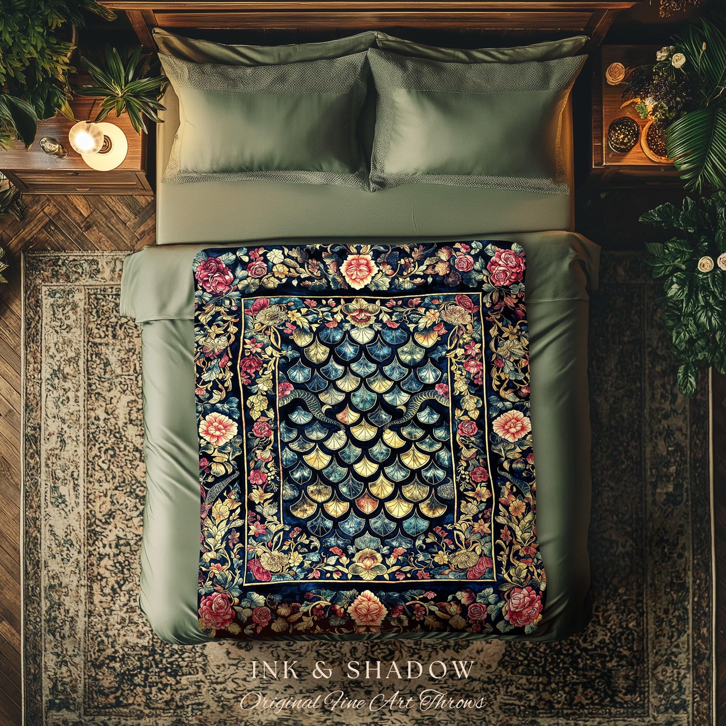 Baroque Elegance Whimsical Dragon Scale Tapestry | Moody Botanical Fantasy Themed Nordic Style Dark Academia Ornate Throw Blanket Medieval |