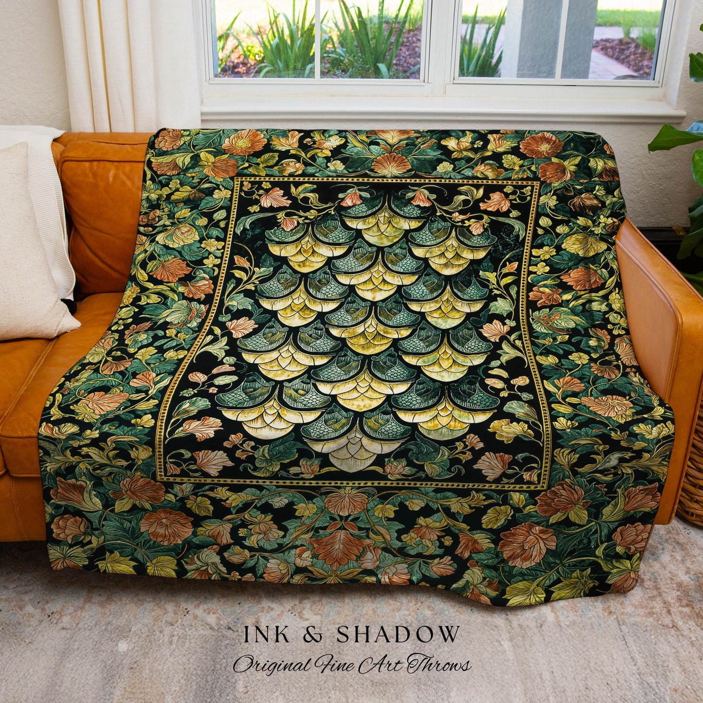 Moody Mysticism Dragon Scale Tapestry | Dark Cottagecore Magical Medieval Woven Blanket Ornate Victorian Fantasy Aesthetic Book Nook Throw |