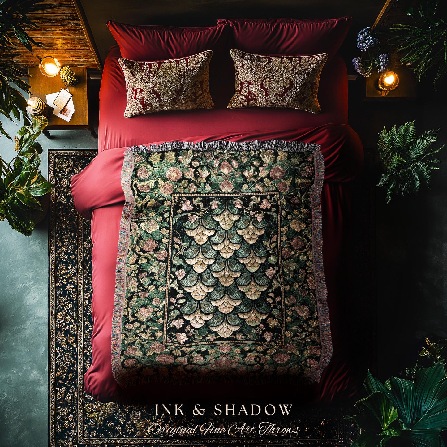 Moody Mysticism Dragon Scale Tapestry | Dark Cottagecore Magical Medieval Woven Blanket Ornate Victorian Fantasy Aesthetic Book Nook Throw |