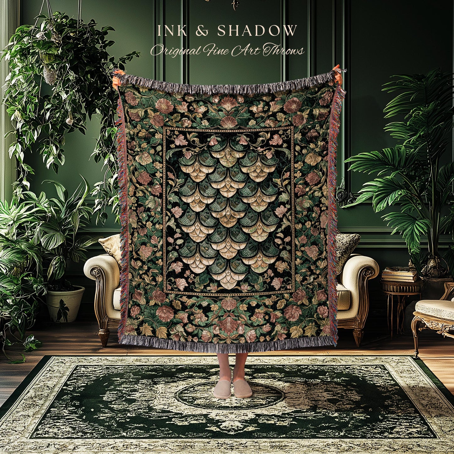 Moody Mysticism Dragon Scale Tapestry | Dark Cottagecore Magical Medieval Woven Blanket Ornate Victorian Fantasy Aesthetic Book Nook Throw |