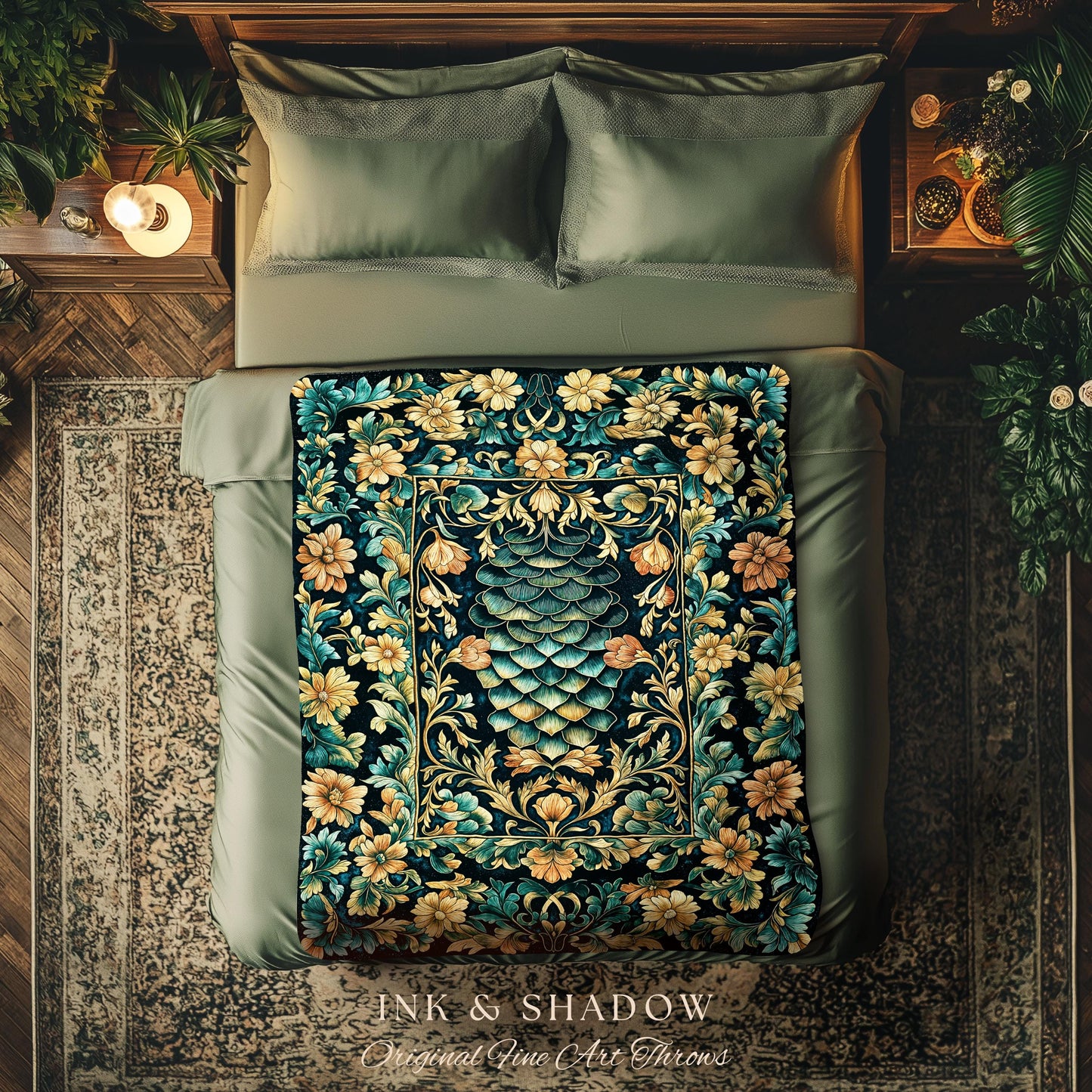 Flower Decorated Dragon Scale Woven Blanket | Nordic Style Dark Academia Fantasy Tapestry Medieval Home Accent Ornate Victorian Whimsy Goth