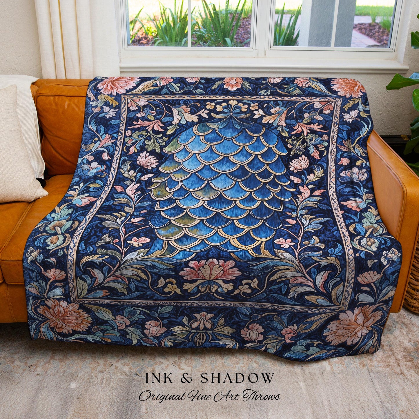 Mystic Academia Dragon Scale Throw Blanket | Whimsigothic Elegance Ornate Baroque Navy Blue Tapestry Woven Fairytale Floral Home Decor Goth