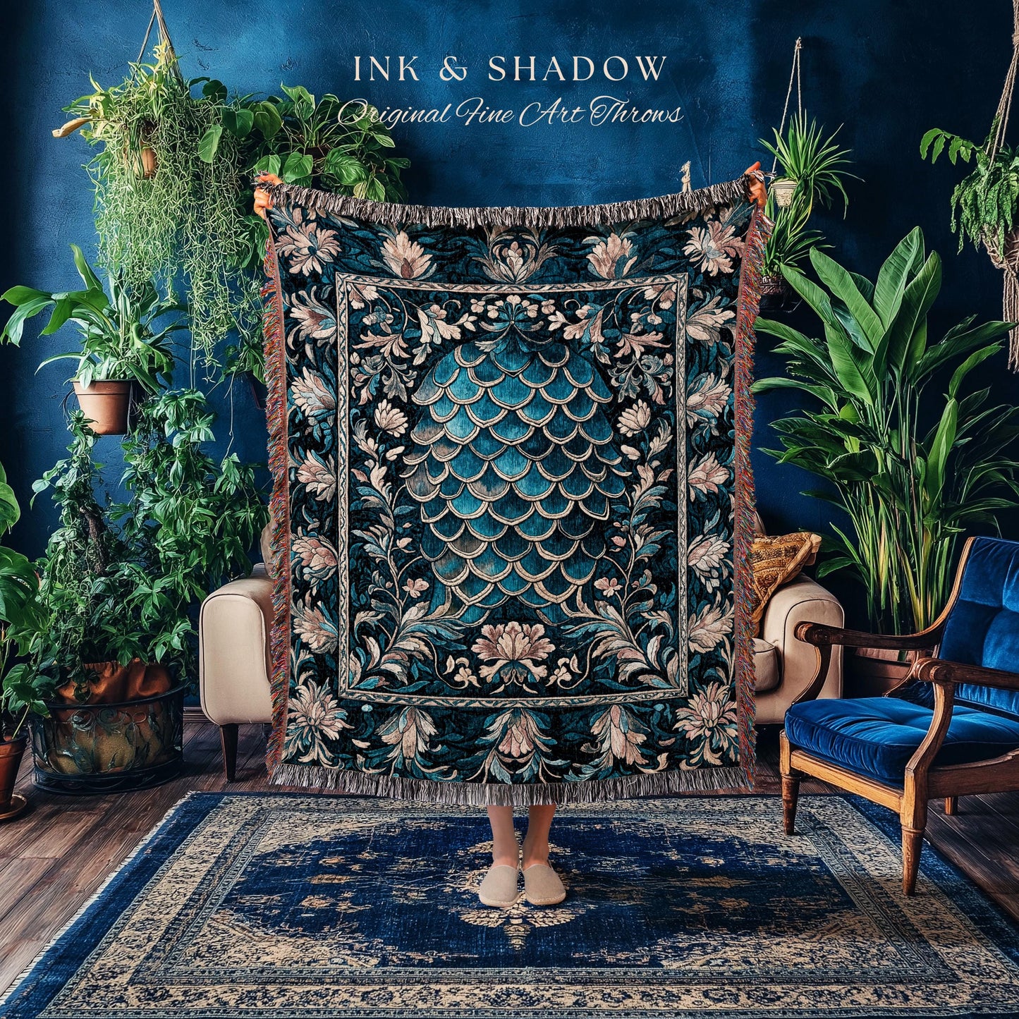 Midnight Navy Royal Woven Tapestry | Dragon Scale Art Deco Eclectic Ornate Bedroom Throw Blanket Dark Academia Maximalist Floral Fantasy |