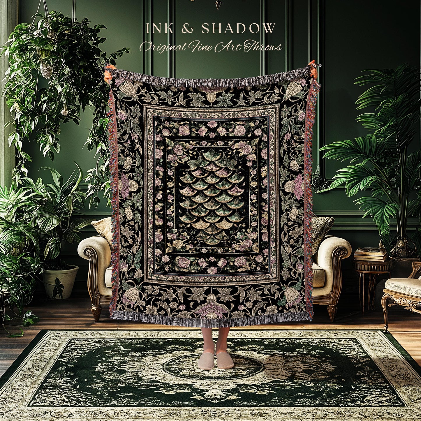 Witchy Mystic Dragon Scale Blanket | Gothic Baroque Dark Academia Pastel Floral Woven Tapestry Maximalist Ornate Eclectic Art Deco Decor |