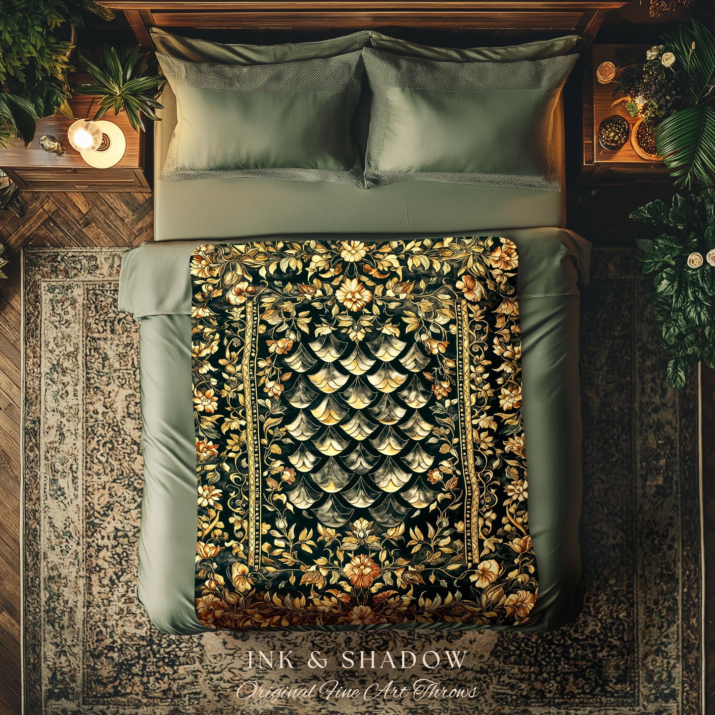 Gothic Dragon Scale Ornate Throw Blanket | Eclectic Dark Academia Home Woven Tapestry Whimsical Moody Botanical Golden Aesthetic Fantasy |