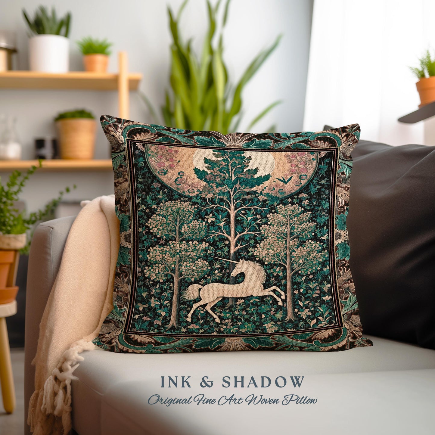 Moonlit Forest Mystical Unicorn Tapestry Pillow Medieval Fairycore Decor | Renaissance Whimsical Gothic Aesthetic Woven Cushion Forestcore |