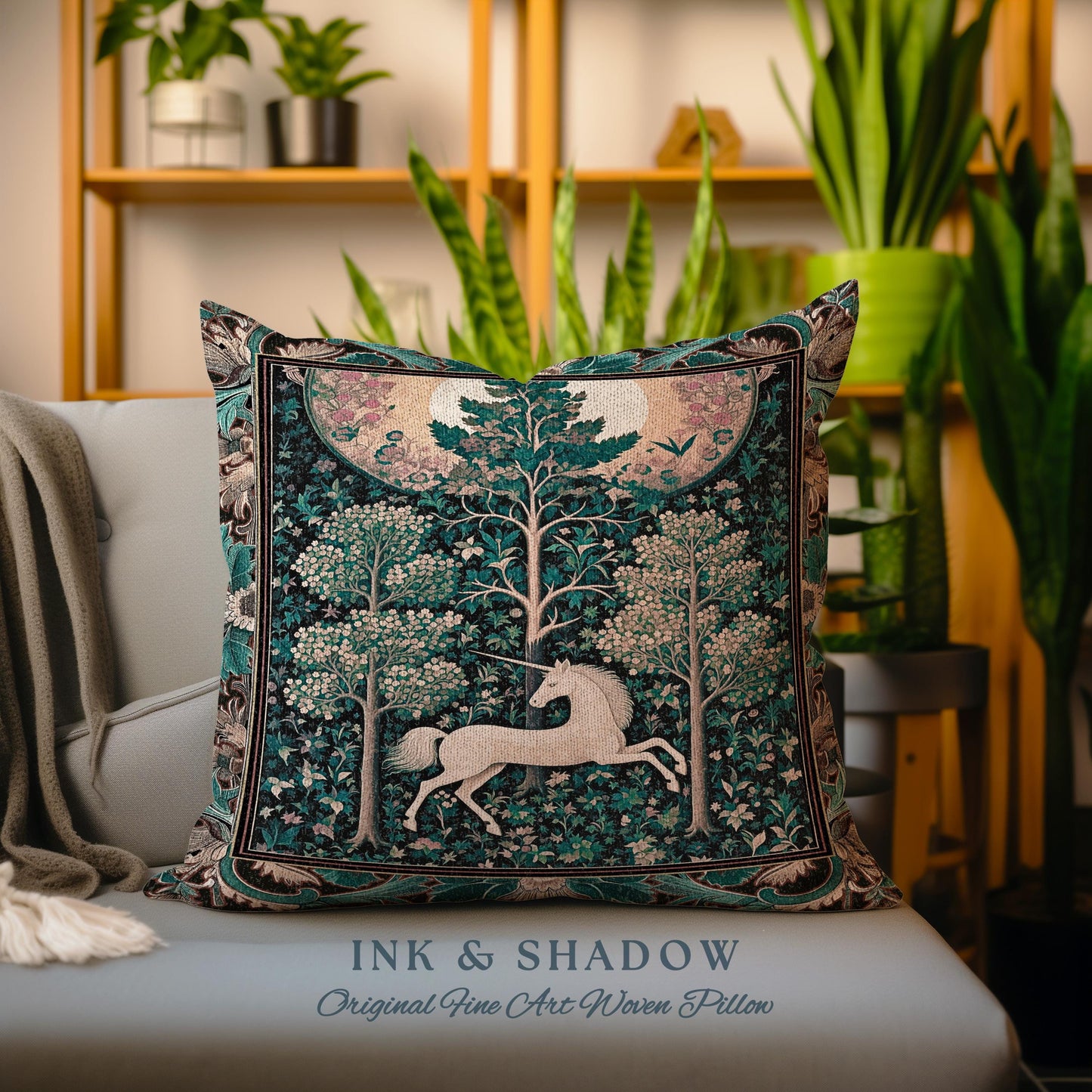 Moonlit Forest Mystical Unicorn Tapestry Pillow Medieval Fairycore Decor | Renaissance Whimsical Gothic Aesthetic Woven Cushion Forestcore |